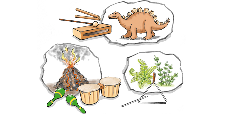 Instrumente zur Klanggeschichte, Dino, Vulkan, Pflanzen