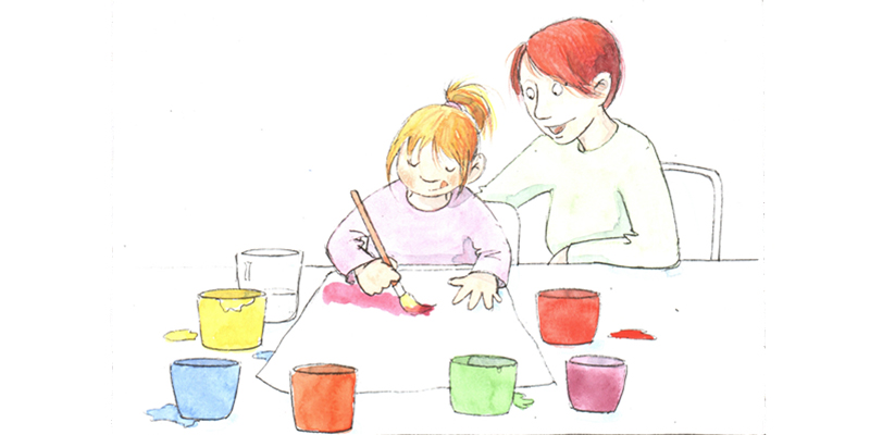 Kind und Frau malen einen Regenbogen