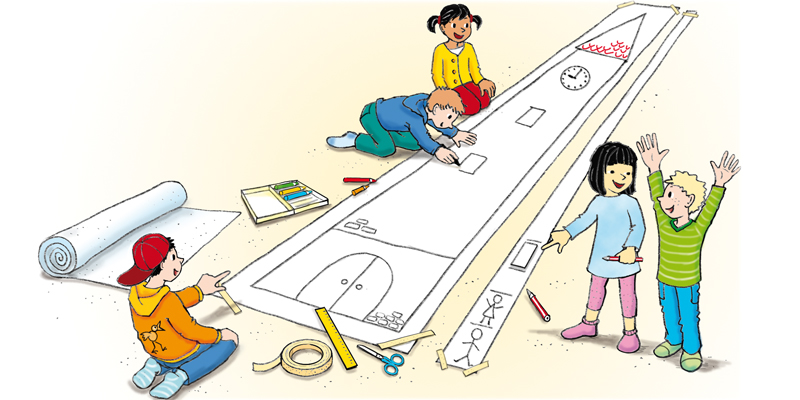 Kinder malen auf dem Boden ein Haus