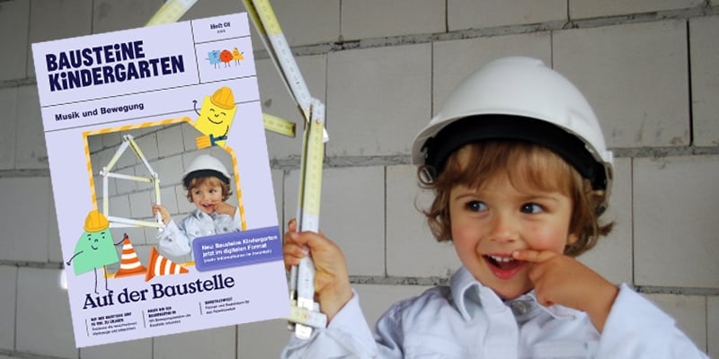 Auf der Baustelle, Junge mit Bauarbeiterhelm und Zollstock