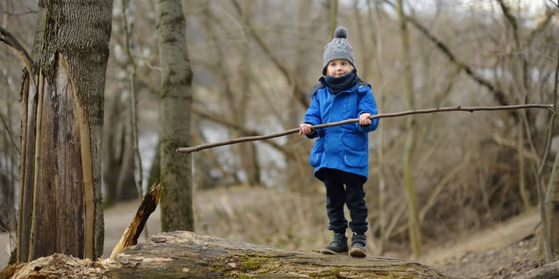 Kreatives Spiel anregen, Junge im Wald mit Stock