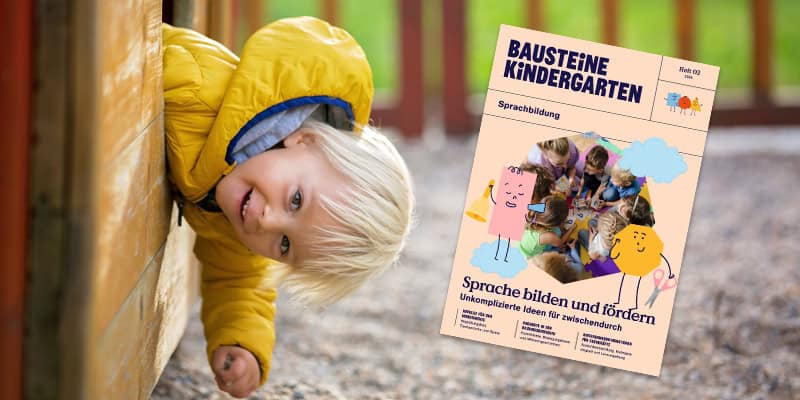 Junge auf Spielplatz und Cover der Ausgabe "Sprache bilden und fördern"
