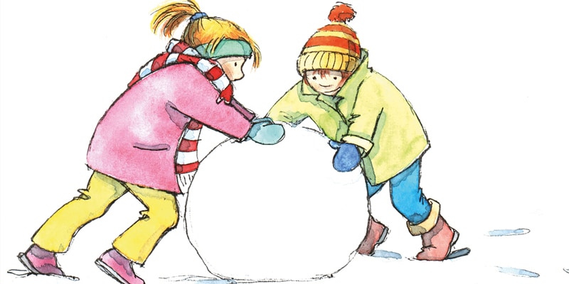 Zwei Kinder rollen eine große Schneekugel